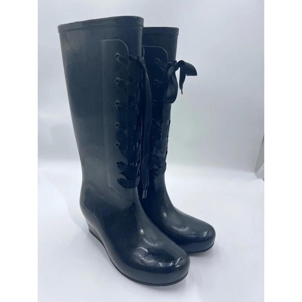 Womens Black Rubber Lace Up Wedge Rain Boots Tall Glossy Waterproof Size 8